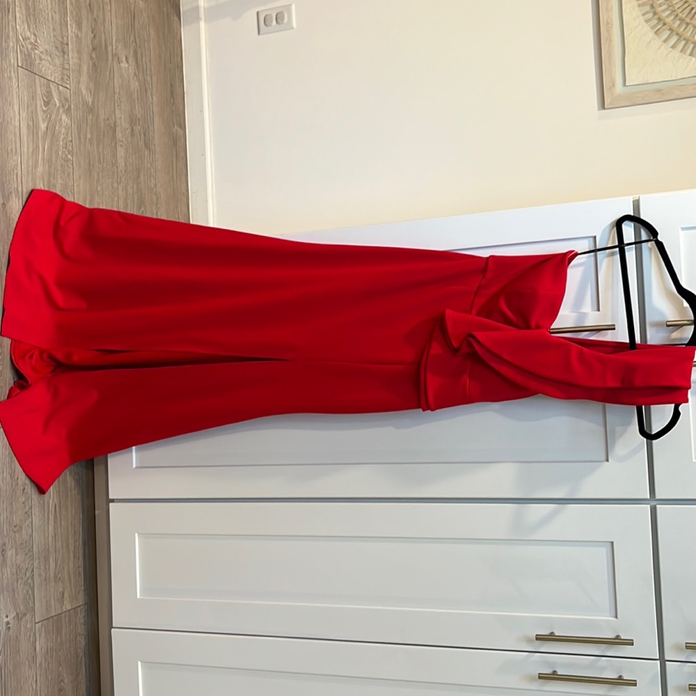 Red one shoulder gown. The strap is ruffle! Super cute dress